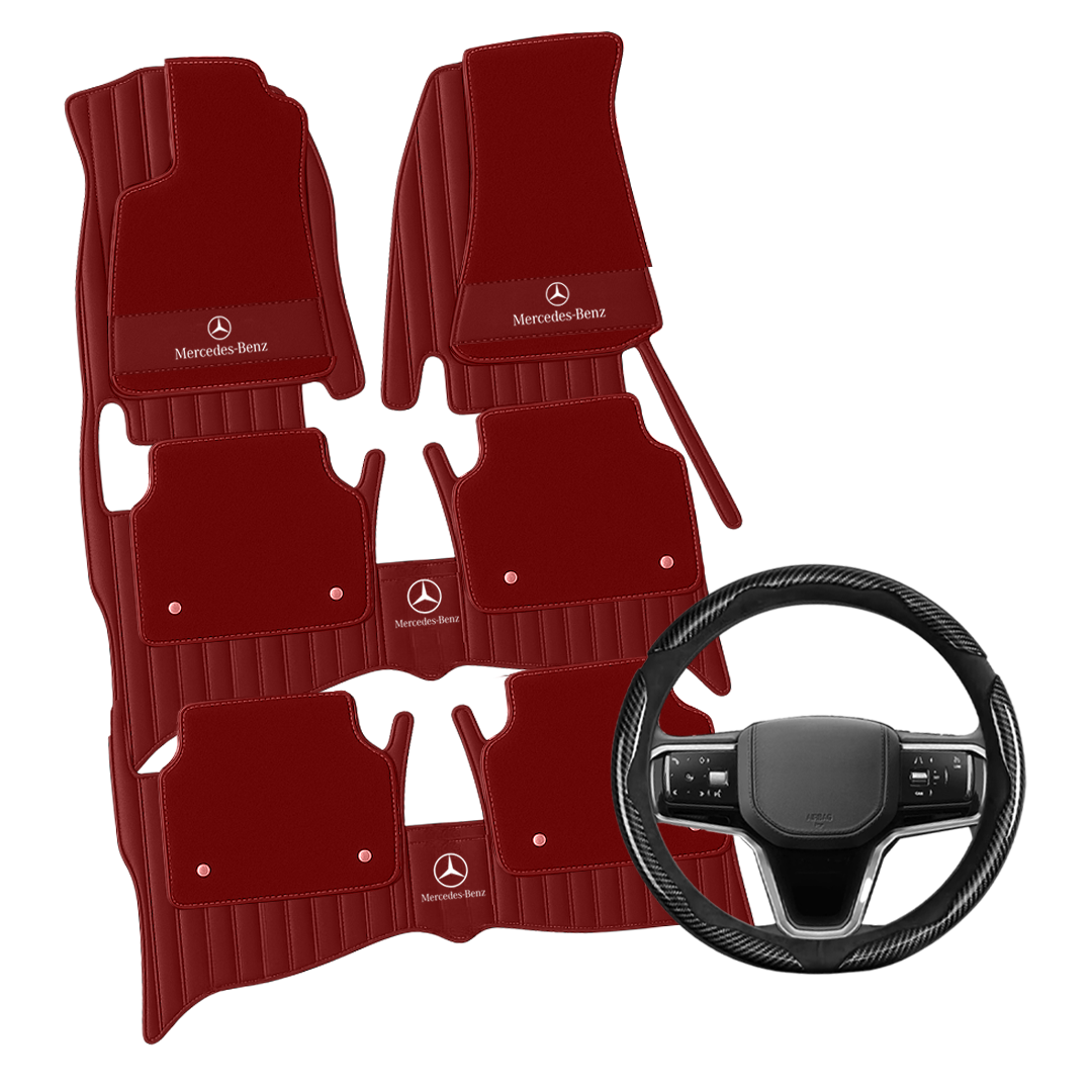(Travel Set Bundle) Lennox Leather Car Floor Mats x Samez Carbon Fiber Steering Wheel Cover