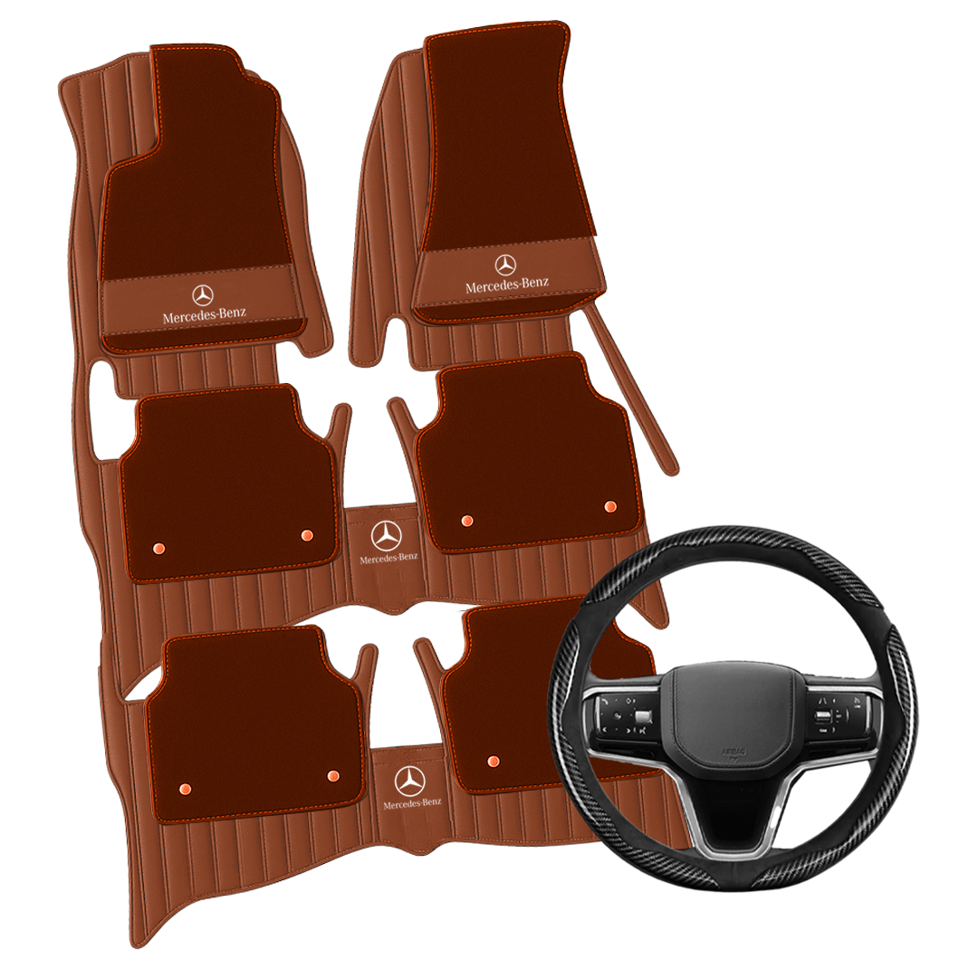 (Travel Set Bundle) Lennox Leather Car Floor Mats x Samez Carbon Fiber Steering Wheel Cover