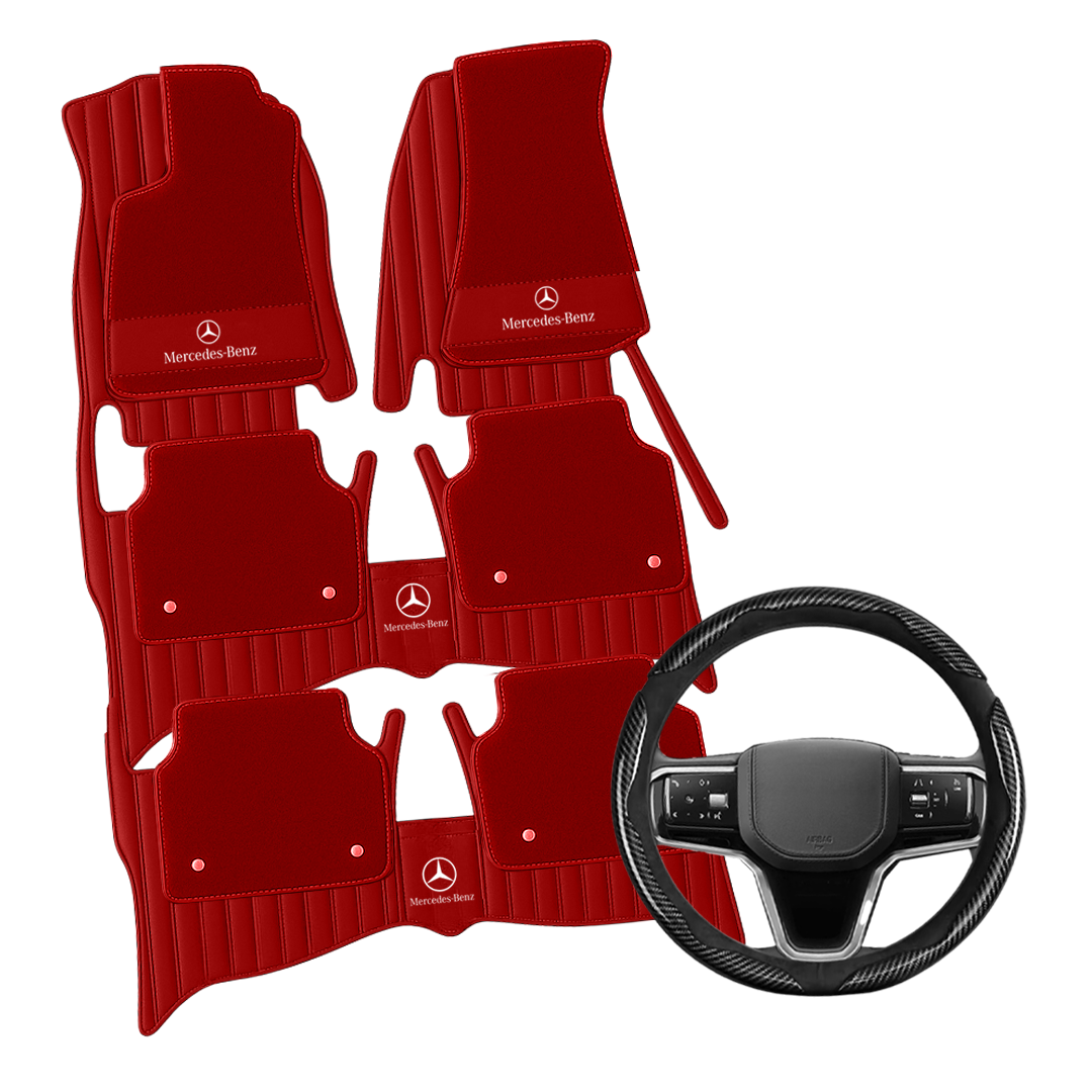 (Travel Set Bundle) Lennox Leather Car Floor Mats x Samez Carbon Fiber Steering Wheel Cover