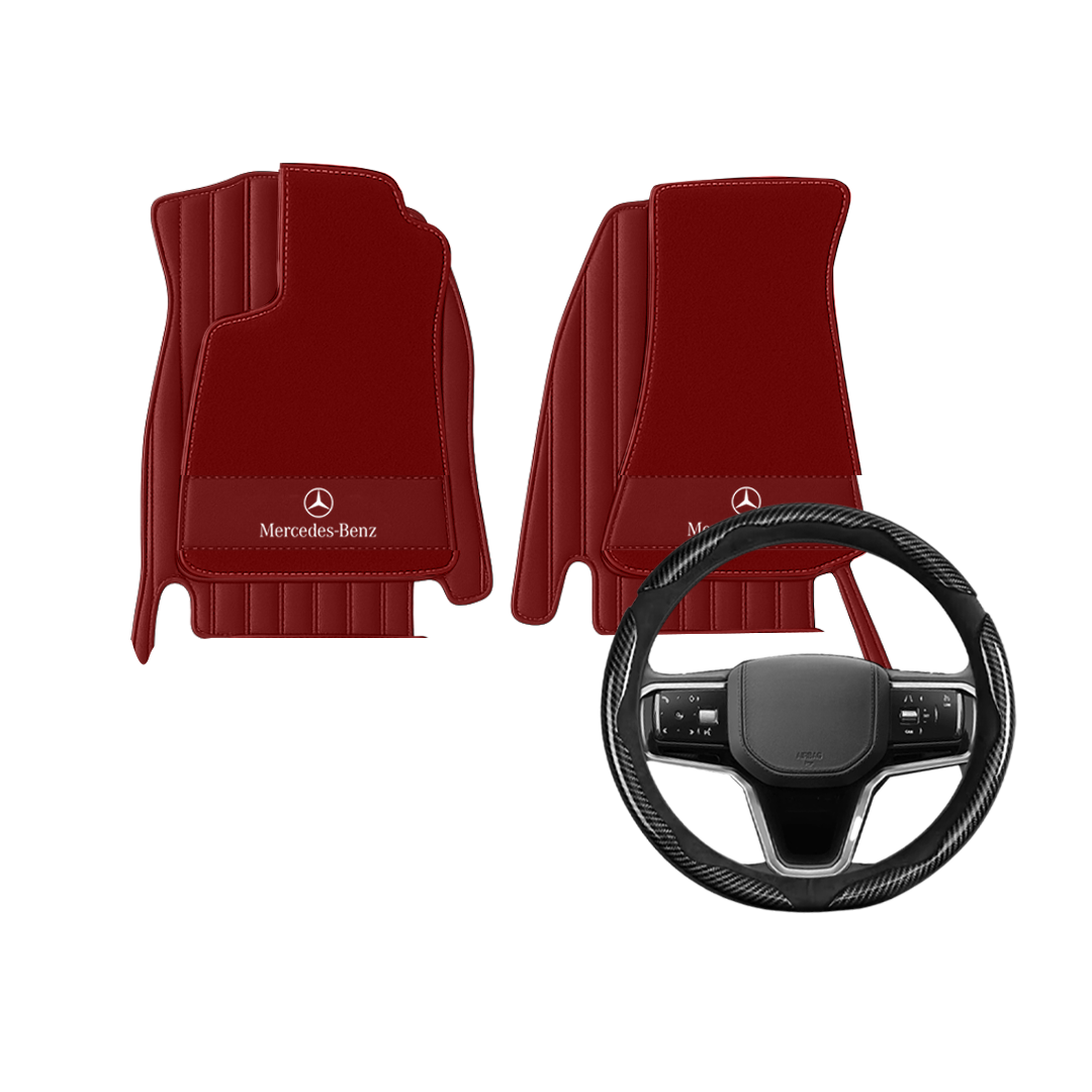 (Travel Set Bundle) Lennox Leather Car Floor Mats x Samez Carbon Fiber Steering Wheel Cover