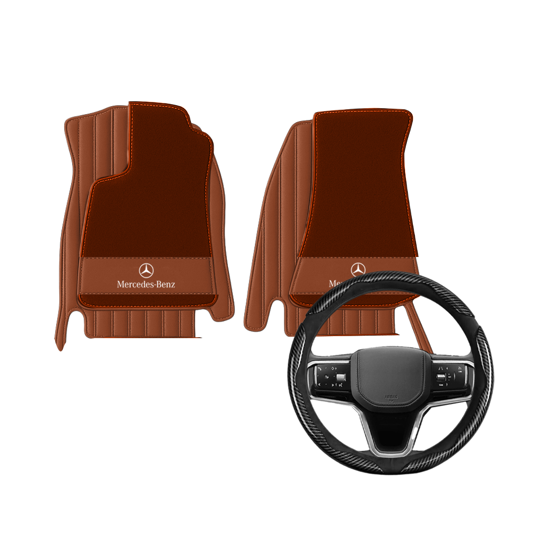(Travel Set Bundle) Lennox Leather Car Floor Mats x Samez Carbon Fiber Steering Wheel Cover