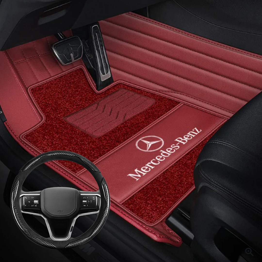 (Travel Set Bundle) Lennox Leather Car Floor Mats x Samez Carbon Fiber Steering Wheel Cover