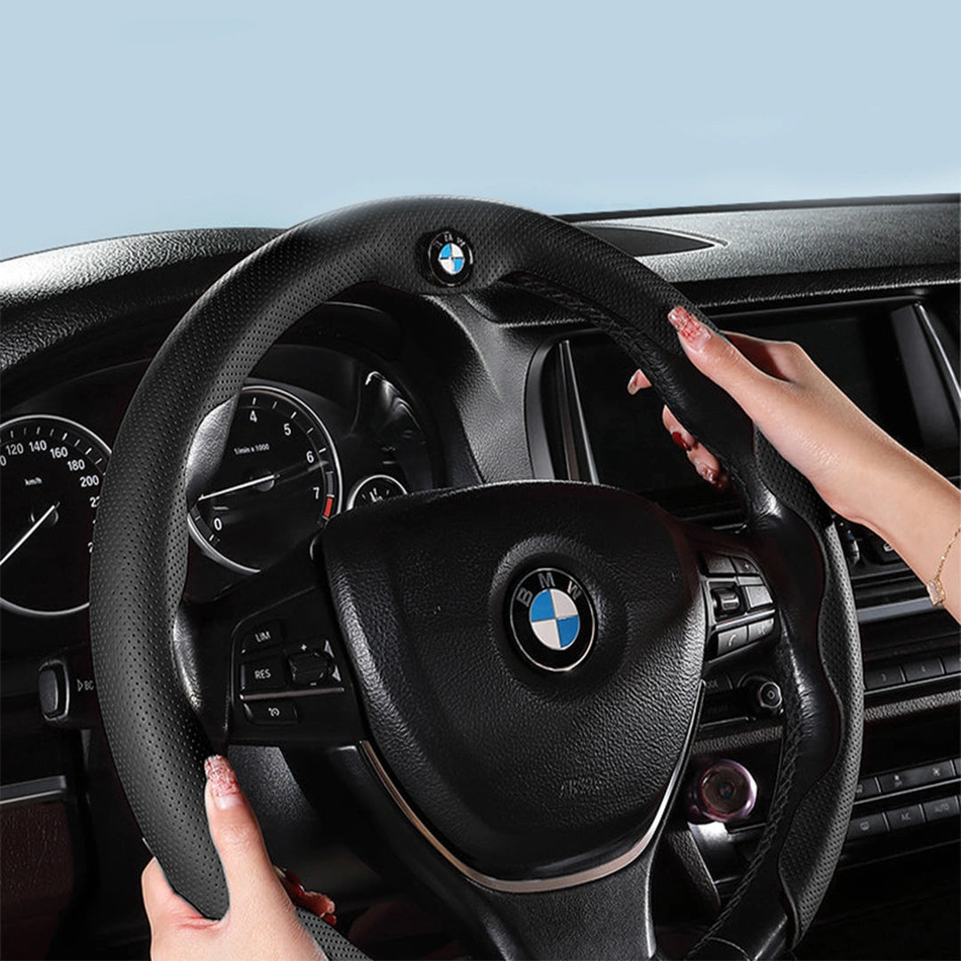 Nelxy Customized Car Logo Breathable Ultra-thin 5D Leather & Carbon Car Steering Wheel Cover Universal Fit