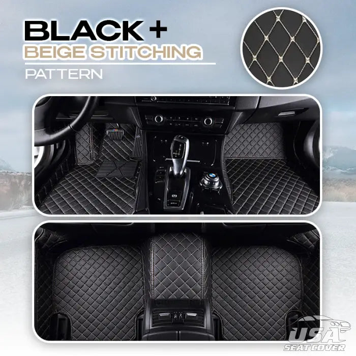 Elvie 2023 Heavy Duty Universal Fit Floor Mats For Cars Suvs And Trucks Black With Beige Stitching /