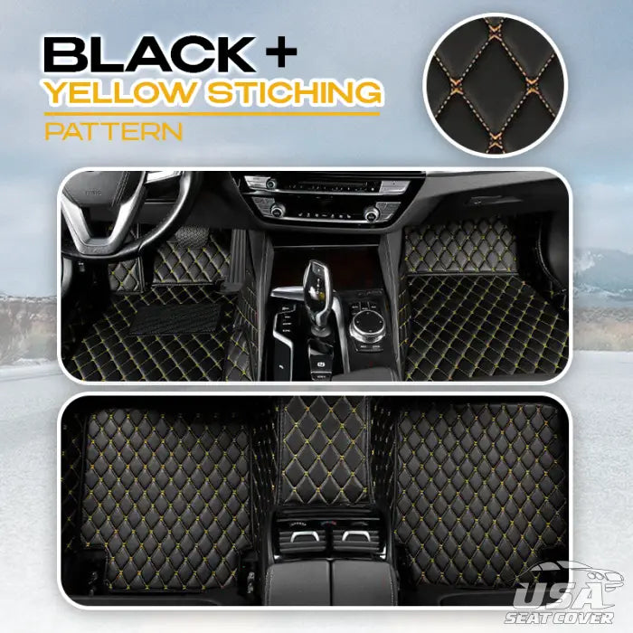 Elvie 2023 Heavy Duty Universal Fit Floor Mats For Cars Suvs And Trucks Black With Yellow Stitching