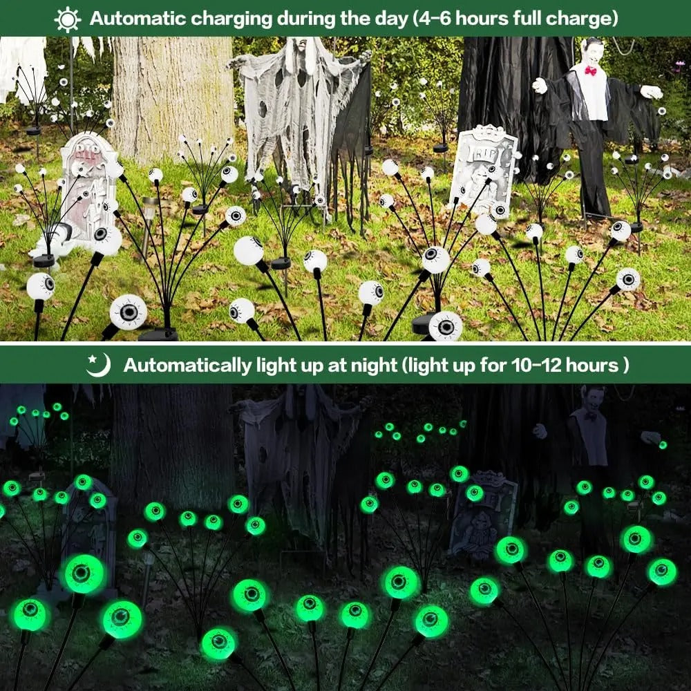 Halloween Outdoor Solar Scary Eyeball Lights – 6 LED Green Eyeballs with Swaying Firefly Effect, Waterproof Garden Yard Decorations