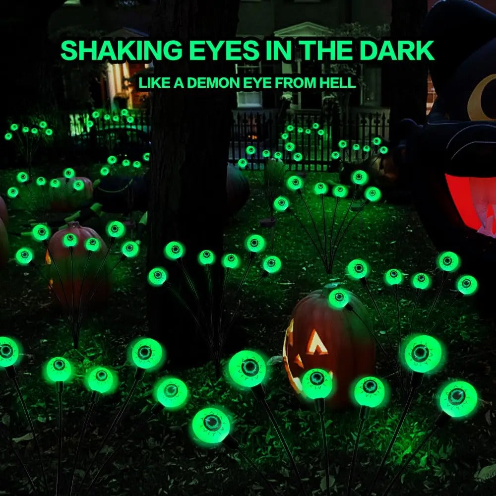 Halloween Outdoor Solar Scary Eyeball Lights – 6 LED Green Eyeballs with Swaying Firefly Effect, Waterproof Garden Yard Decorations