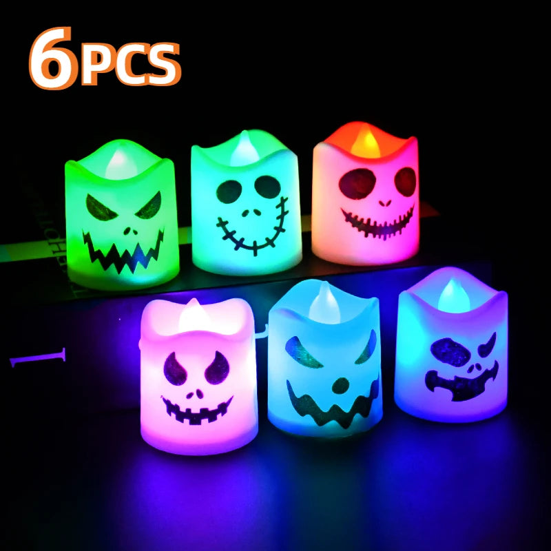 6Pcs LED Ghost Pumpkin Candle Lights – Multicolor Halloween Party & Haunted House Decorations