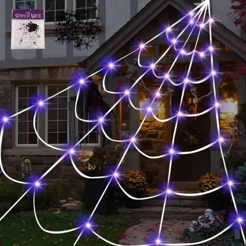 197 Inches Glowing Spider Web Halloween Decorations – LED Purple Light Plush Spider & Triangulation Fan Web