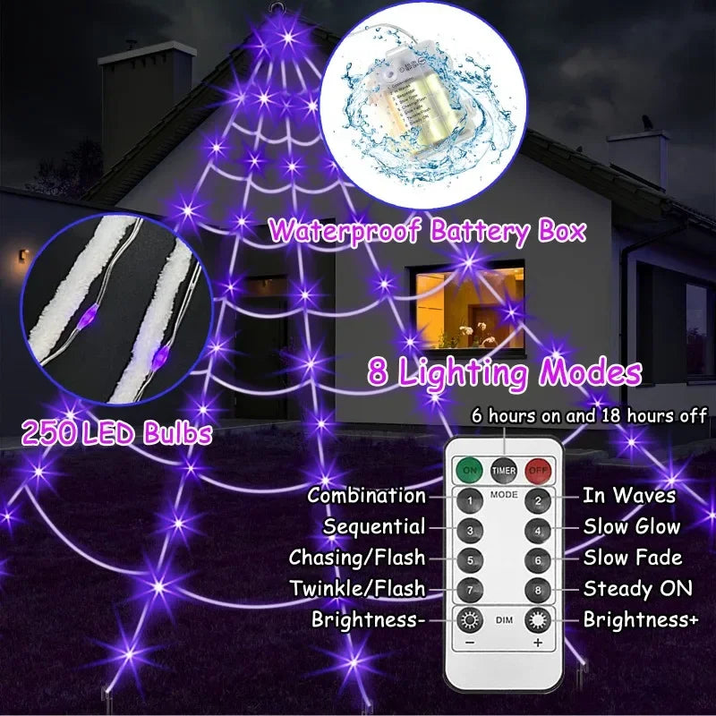 197 Inches Glowing Spider Web Halloween Decorations – LED Purple Light Plush Spider & Triangulation Fan Web